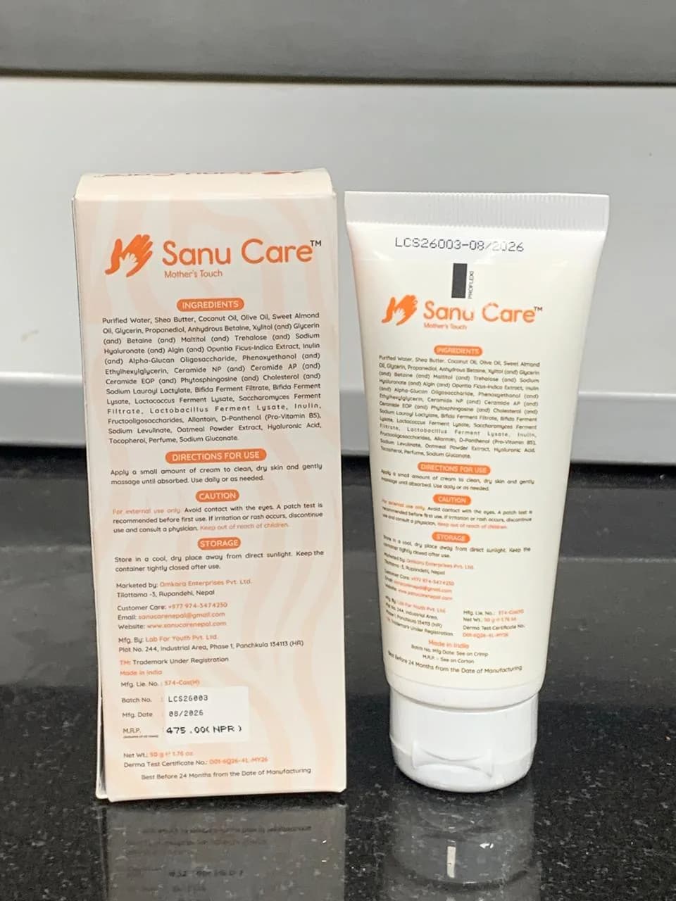 Sanu Care 50 g cream tube and box, back label
