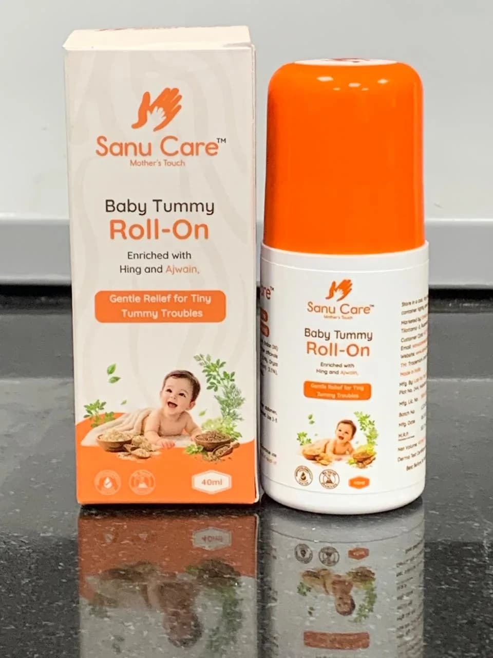 Sanu Care Baby Tummy Roll-On 40 ml with orange cap and box